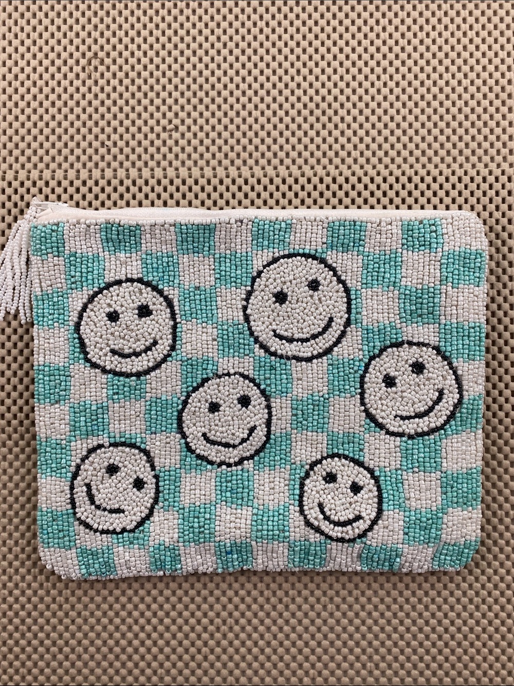Beaded Smile Checked Cosmetic Pouch in Teal and White